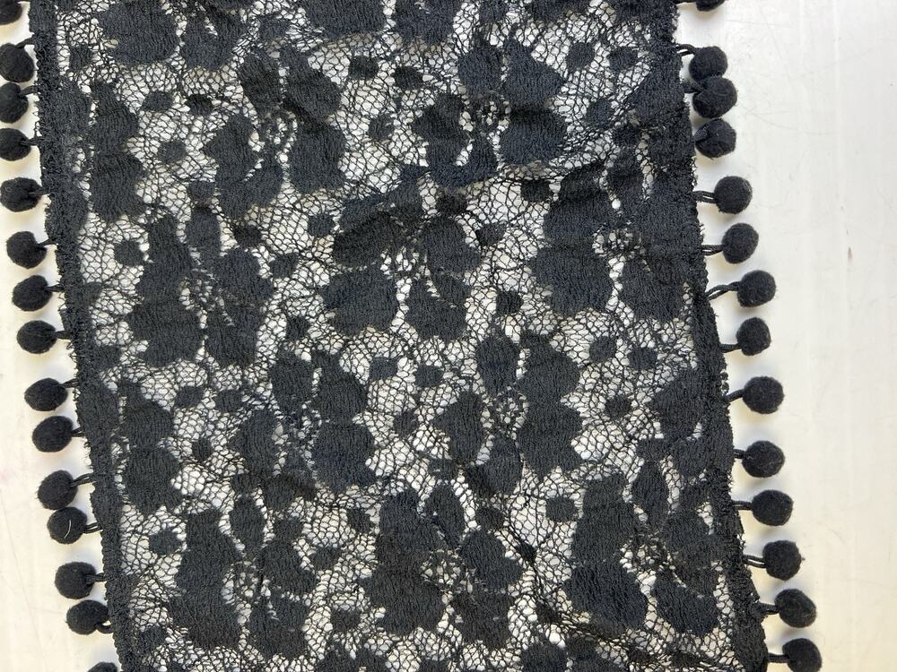 Lace Scarf Black Pom Poms Rectangle 60" X 8" Whimsy Goth Boho Special Occasion